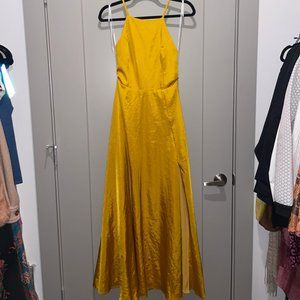 Total Beauty Golden Yellow Satin Backless Maxi Dress